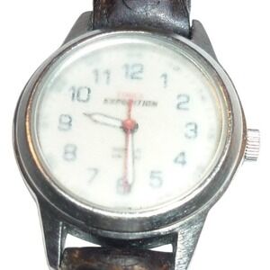 Timex Expedition Indiglo Watch White Dial Brown Leather Band 50M WR 26mm Case